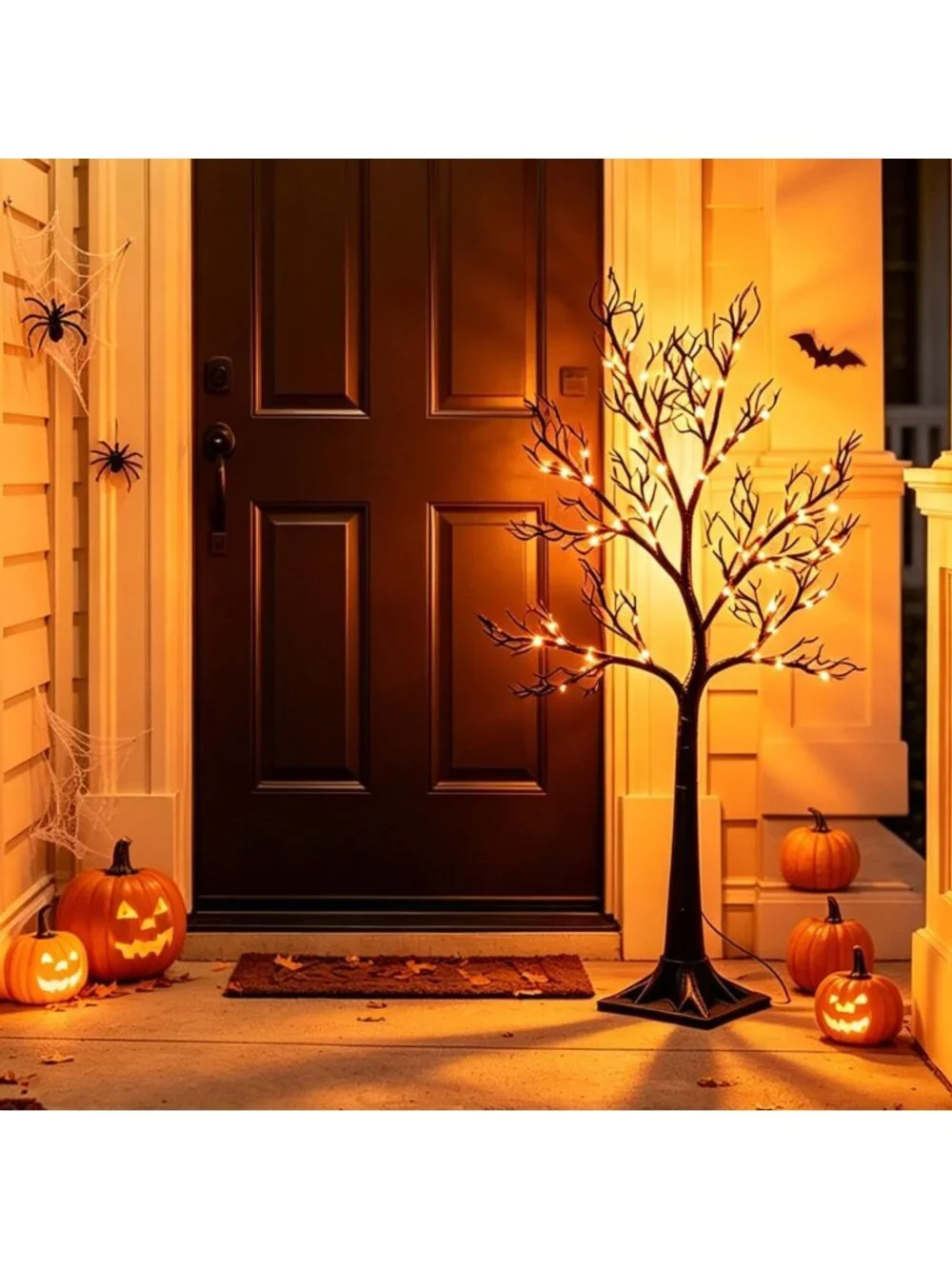 Spooky 4FT Halloween Tree Lights - 150 Orange LED, Plug-In Black Outdoor Decor